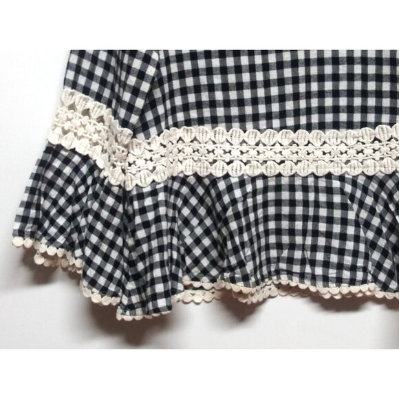 Everleigh Anthropologi Top XS Black Ivory Gingham Plaid Crochet Trim flutter slv - Picture 8 of 14
